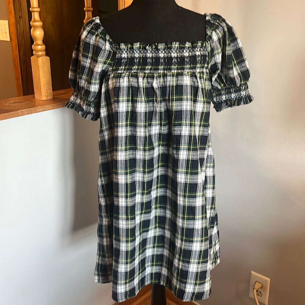 AMERICAN EAGLE plaid‎ smocked puff sleeve babydoll dress S NEW